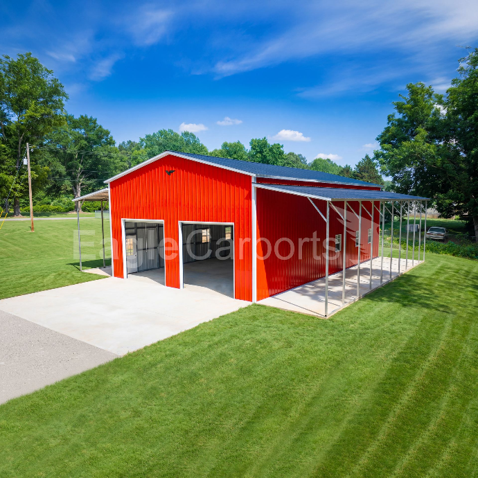 A Red Barn With Garage Doors